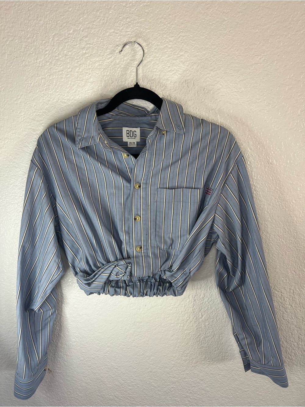 BDG Blue and White Striped Cropped Button-Up - Picture 2 of 4